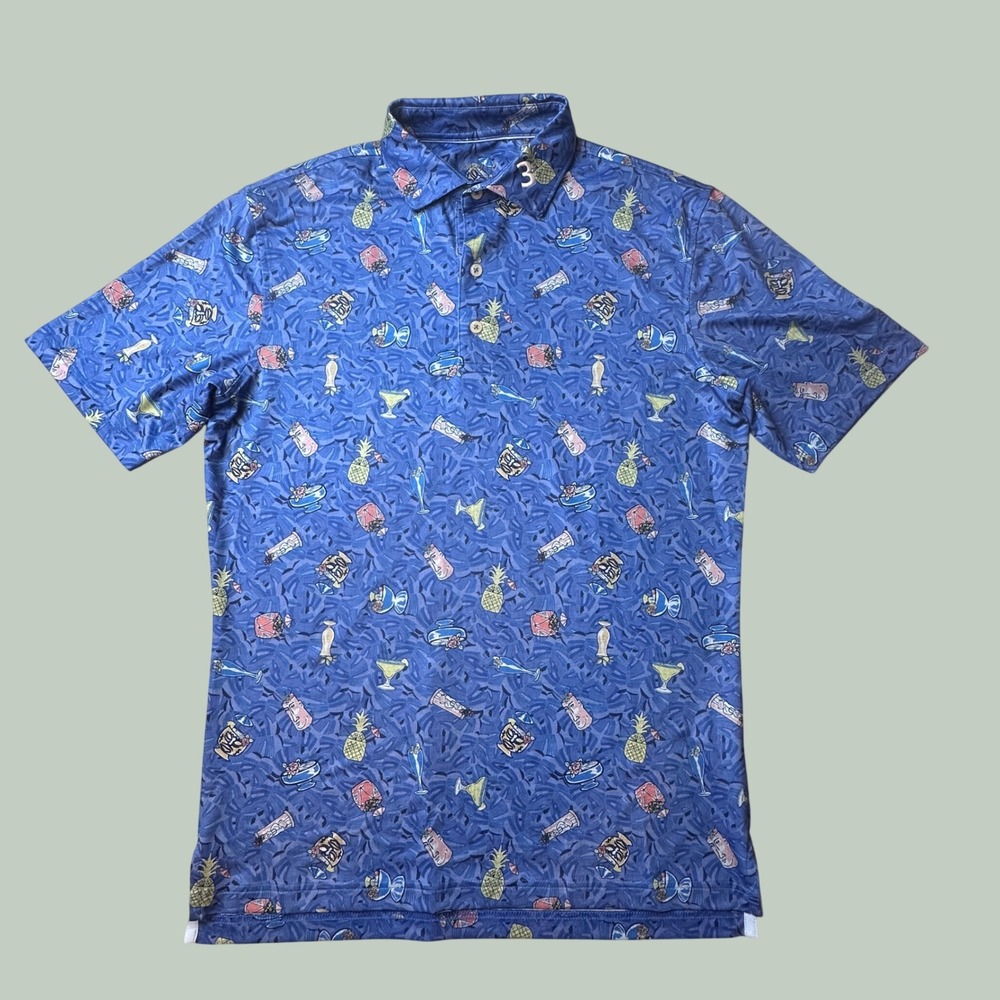 johnnie-O Polo Shirt Mens S Luau Lake Blue Tropical Tiki Cocktail JMPO4490